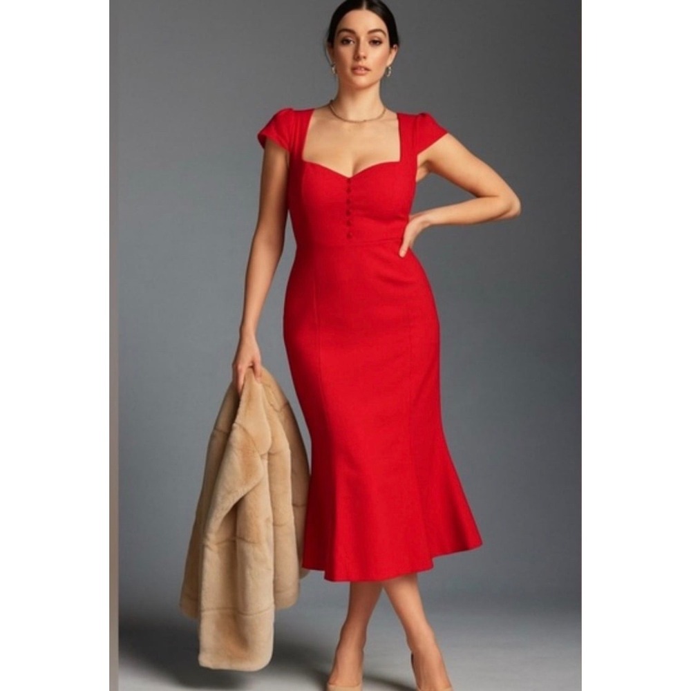 Anthropologie Red Retro Boho Old Money Classy 50s 60s Pin Up Cecily Midi Dress M